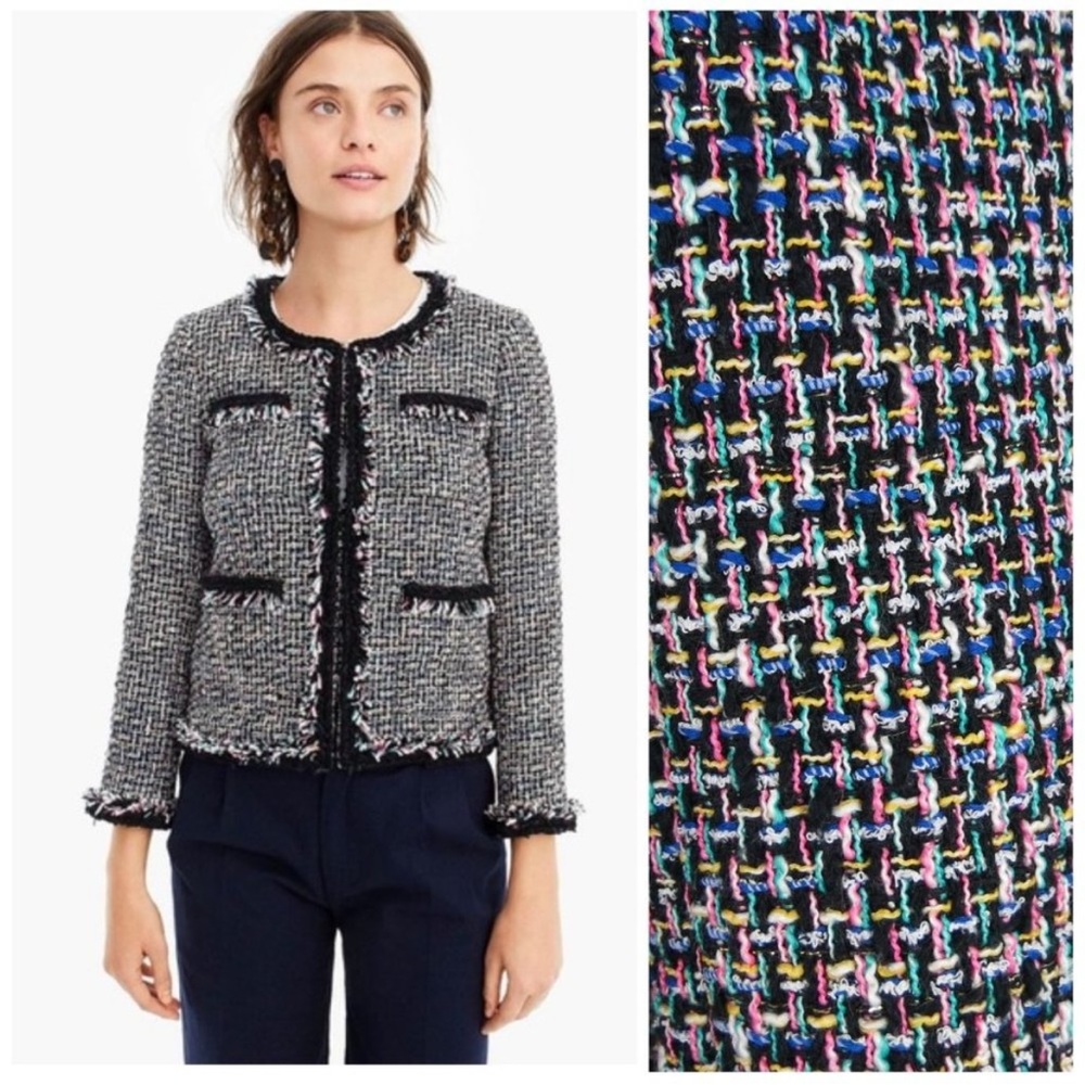 J.Crew Lady Metallic Tweed Jacket in Black Rainbow Multi Fringe Size 16